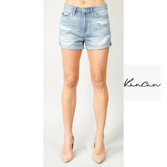 KanCan cuffed high waisted ripped denim shorts 28 - Picture 2 of 10